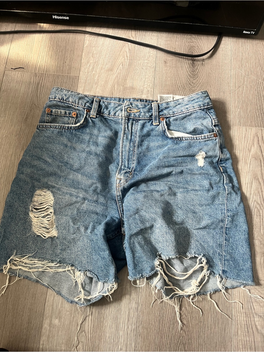 Bershka Light Blue Distressed Boyfriend Denim Shorts